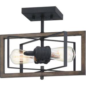 Palermo Grove 2-Light Gilded Iron Semi-Flush Mount, Rustic Farmhouse Ceiling Light with Walnut Wood Accents