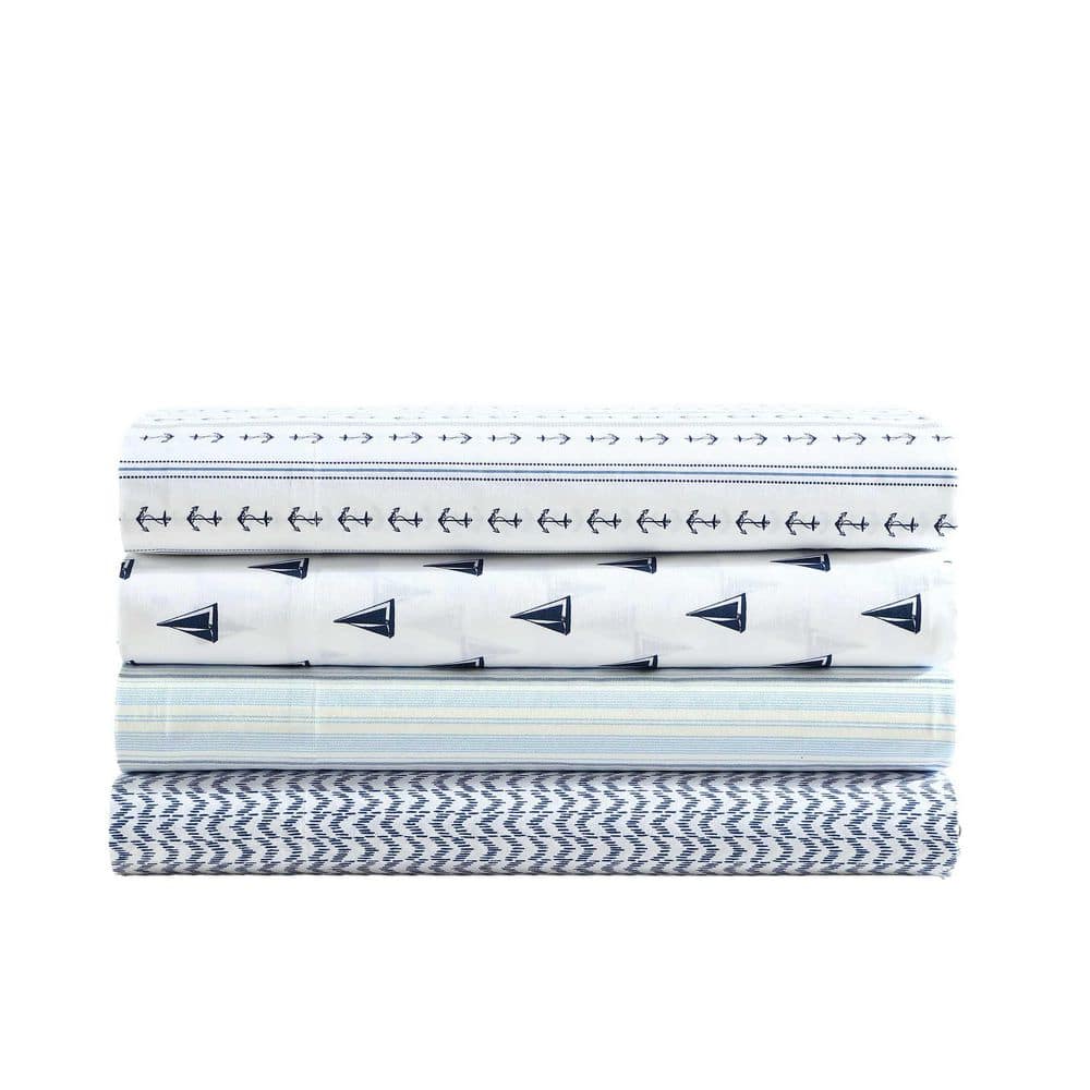Anchor Lines Blue Cotton Percale Queen Sheet Set