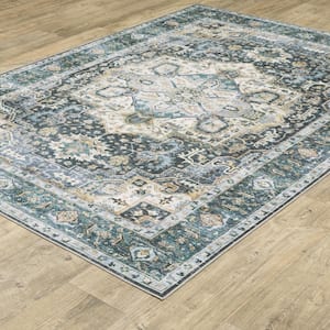 Cascade Blue/Ivory 2 ft. x 8 ft. Traditional Medallion Polyester Machine Washable Indoor Runner Area Rug