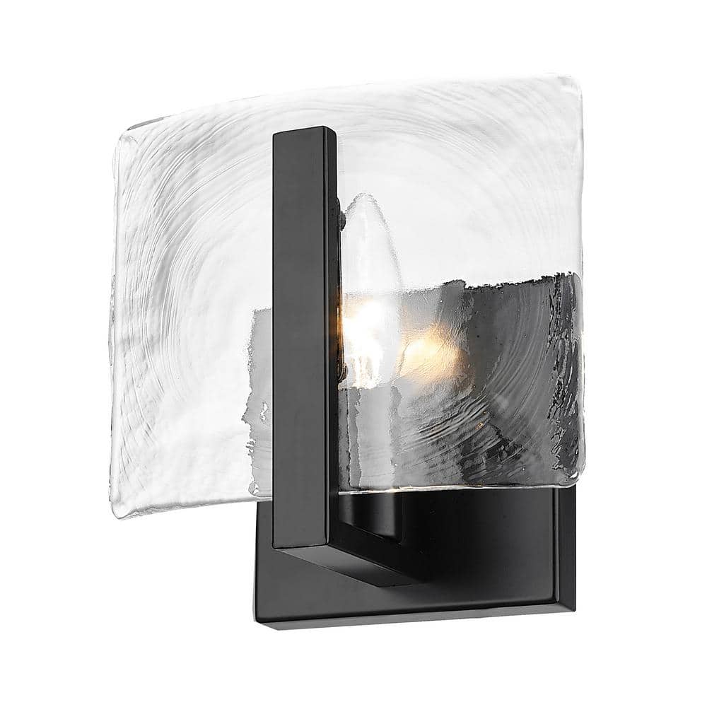 Aenon 1-Light Wall Sconce in Matte Black with Hammered Water Glass
