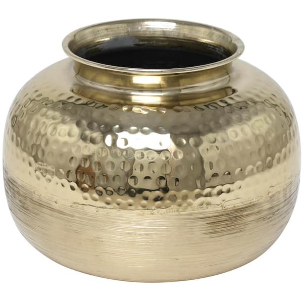 Litton Lane 7 in. Gold Brushed Aluminum Metal Decorative Vase with Hammered Top