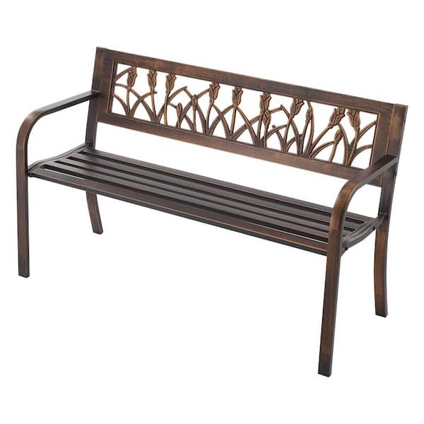 50 in. 3-Person Antique Bronze Metal Outdoor Bench, Carbon Steel Frame with PVC Floral Backrest, 2025-update