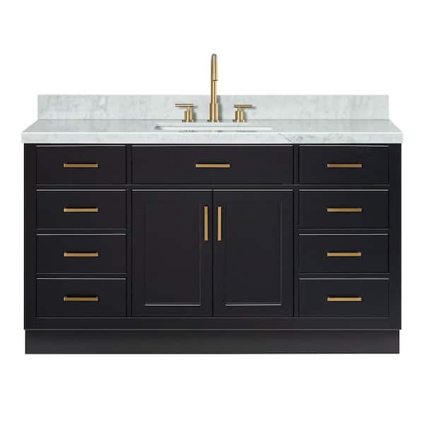 Hepburn 61 in. W x 22 in. D x 36 in. H Single Sink Freestanding Bath Vanity in Black with Italian Carrara Marble Top