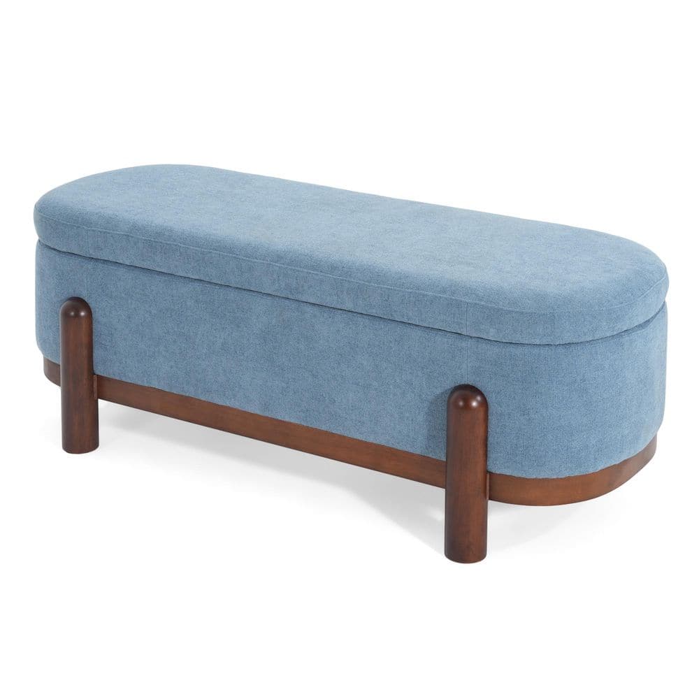 Baldwin Modern Blue Fabric Upholstered Oval Accent Ottoman Storage Bench, Brown Wood Legs
