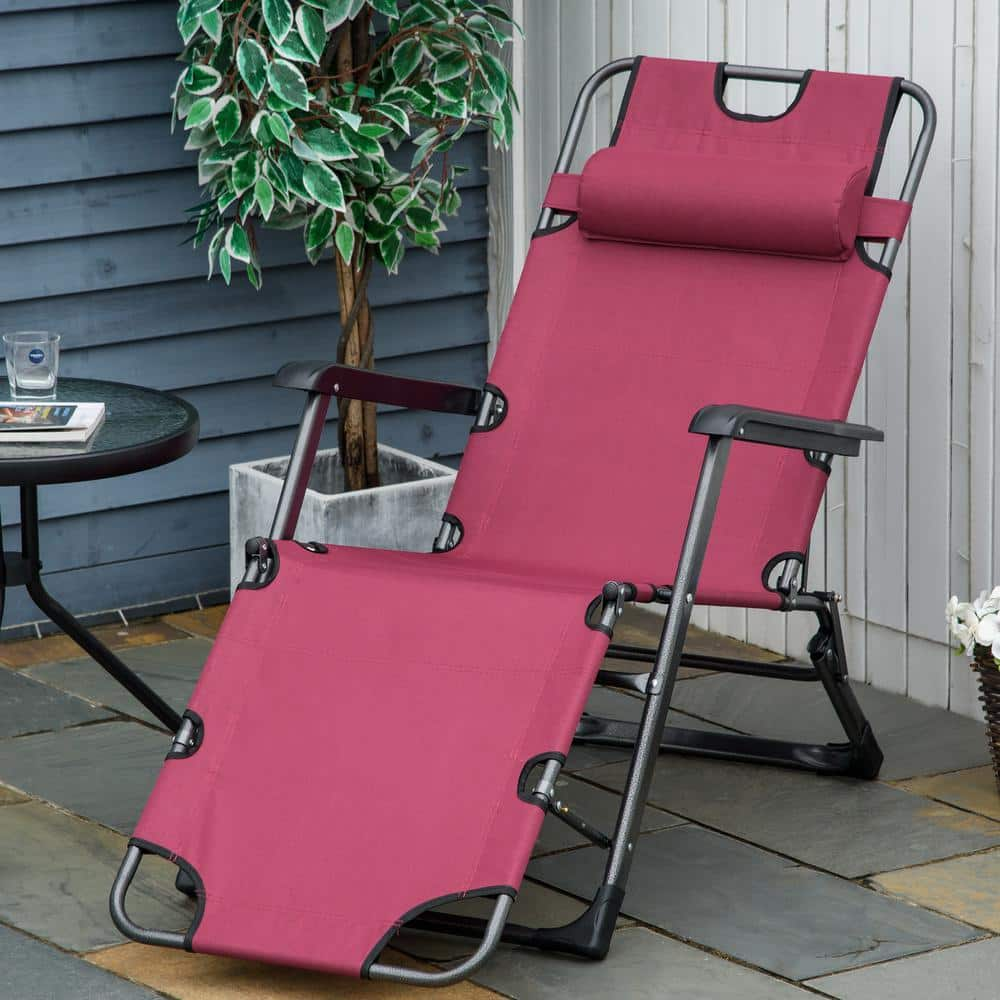 2-In-1 Folding Metal Outdoor Lounge Chair/Pillow, Outdoor Portable Sun Lounger Reclining to 120-degree /180-degree, Red -  Outsunny, 84B-392RD