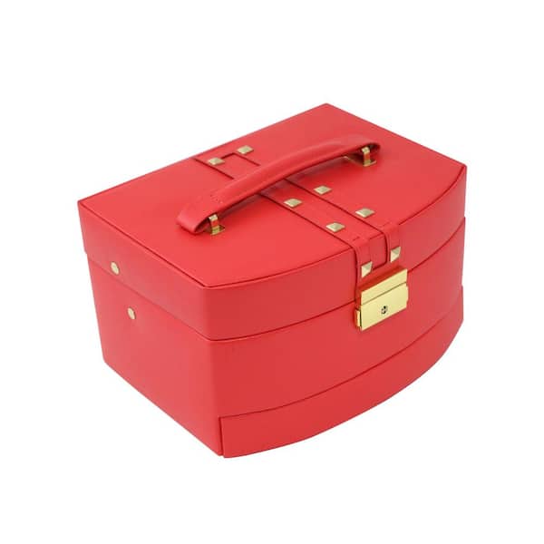 BEY-BERK 3-Level Hinged Red Leather Jewelry Box with Studs Includes Multi-Compartments Mirror Travel Roll and Locking Clasp