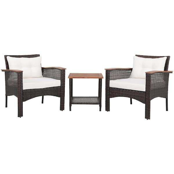 Gymax 3-Pieces Wood Patio Conversation Furniture Set PE Rattan Sofa Set W/Top Table with Off White Cushion