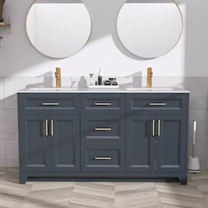 60 in. W. x 22 in. D x 34 in. H Freestanding Shaker Single Sink Bath Vanity Bathroom in Navy Blue with Solid Surface Top