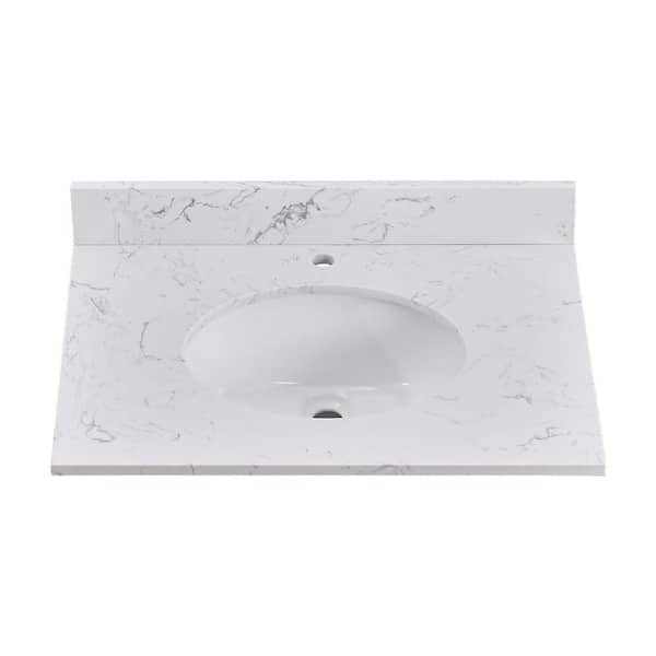 YASINU 30 in. W x 21 in. D Engineered Stone Composite White Round Single Sink Vanity Top in Carrara White