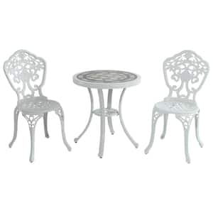 3-Piece White Cast Aluminum Outdoor Bistro Set with Round Ceramic Tiles Tabletop Table and 2-Armless Chairs