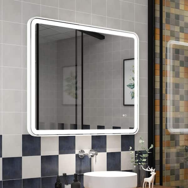 WELLFOR BONIE 40 in. W x 32 in. H Large Rectangular Framed Anti-Fog LED Wall Bathroom Vanity Mirror in White