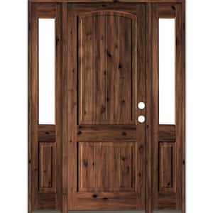 64 in. x 96 in. Rustic Alder Arch Top Red Mahogany Stained Wood with V-Groove Left Hand Single Prehung Front Door