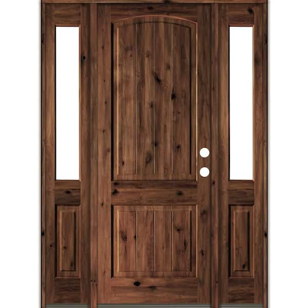 Krosswood Doors 64 in. x 96 in. Rustic Alder Arch Top Red Mahogany Stained Wood with V-Groove Left Hand Single Prehung Front Door