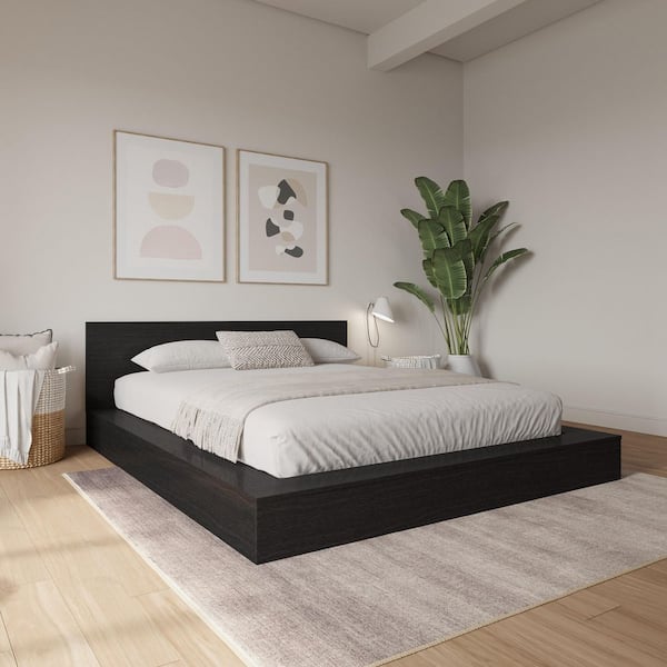 Kanso Black Frame King Size Low Profile Platform Bed with Headboard