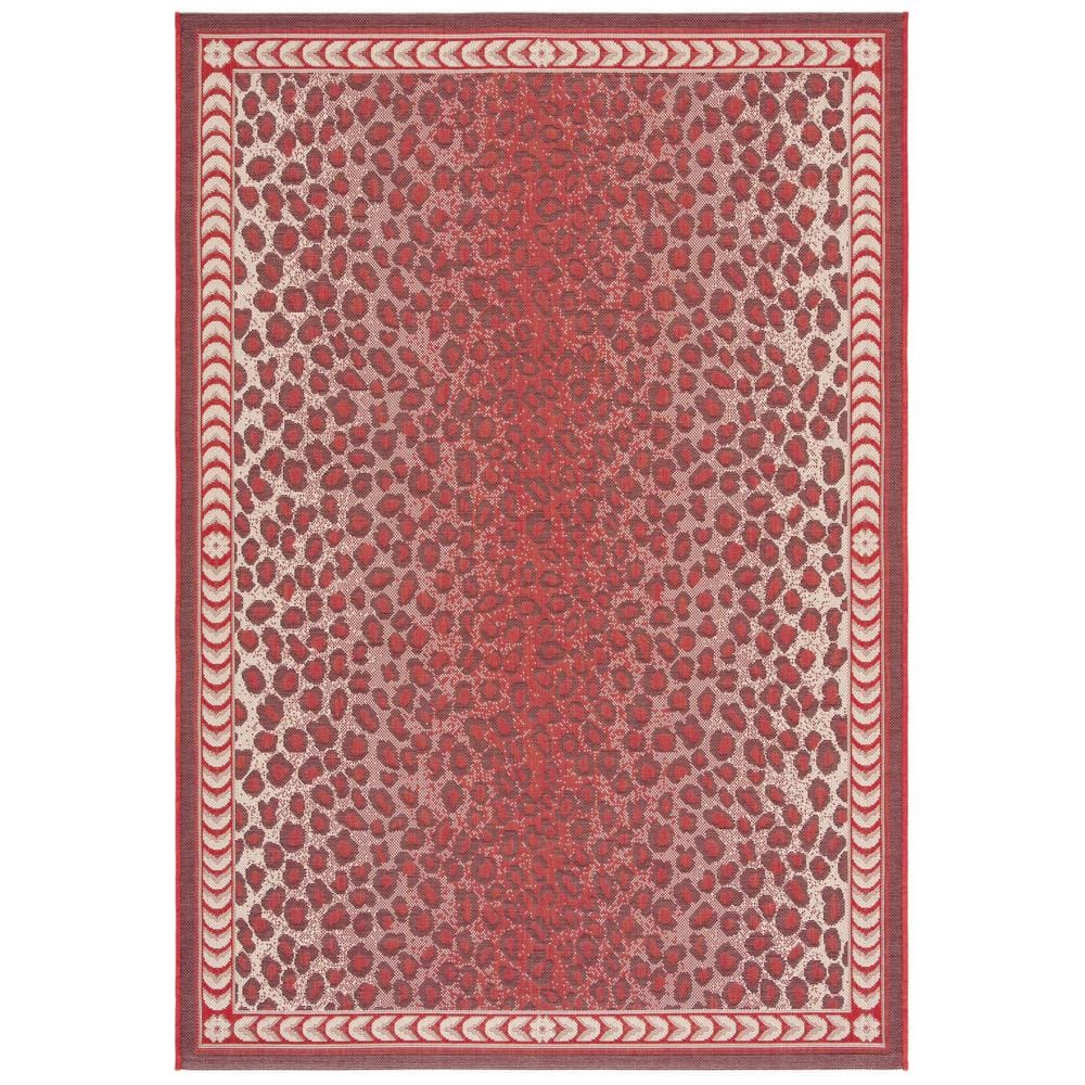 Red and Beige Rectangular Synthetic Indoor/Outdoor Rug