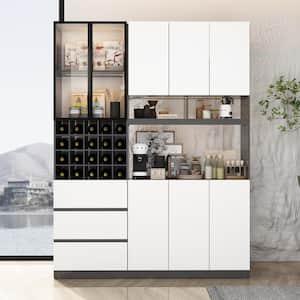 White and Black Wood 63 in. W Buffet and Hutch Kitchen Cabinet with LED Lights, Drawers, Wine Rack and Glass Doors