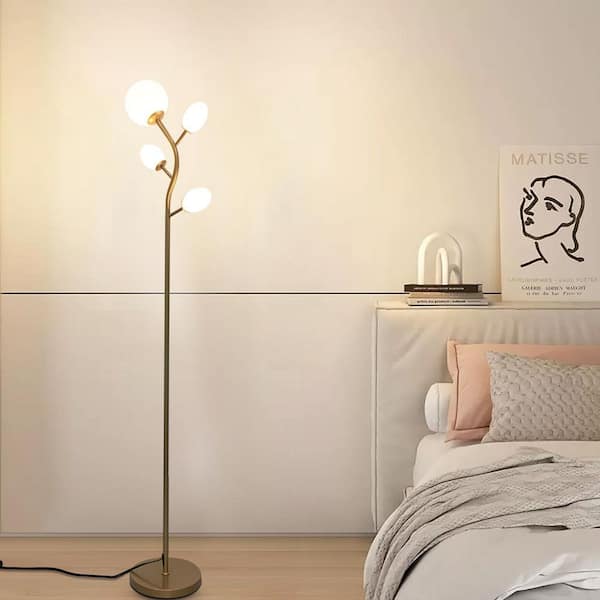67.7 in. Gold 4-Light Modern Tree Floor Lamp for Living Room with Glass Globe Shade and 4 Bulbs Included