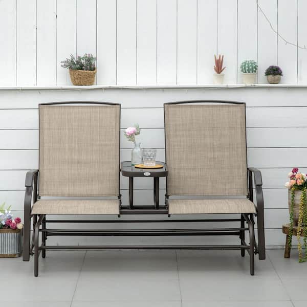 ECOCHIC SPACES INC Brown Two-Person Metal Frame Glider Bench, Steel Frame Patio Loveseat, with Tempered Glass Coffee Table & Armrests
