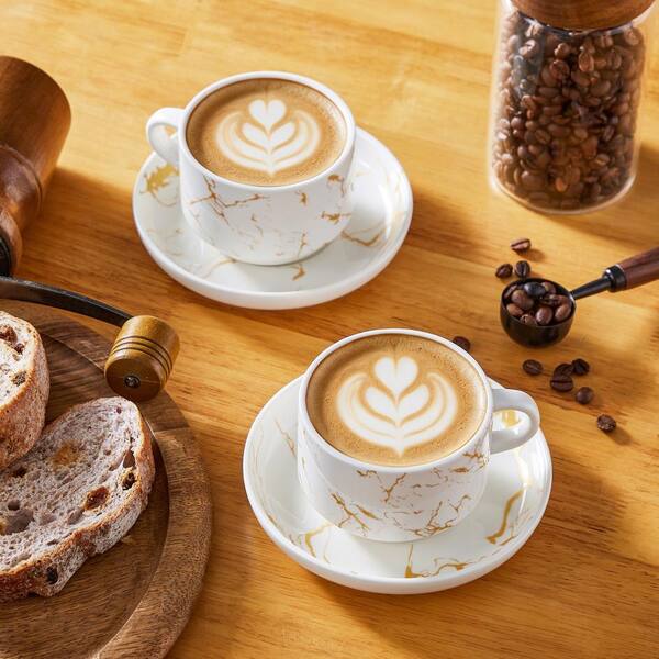 MALACASA 9 oz. White Porcelain Coffee Cups and Coffee Saucers Set