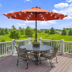 Solar Lighted LED 9 ft. Aluminum Patio Market Circle Outdoor Umbrellas with Push Button Tilt and Crank Lift in Orange