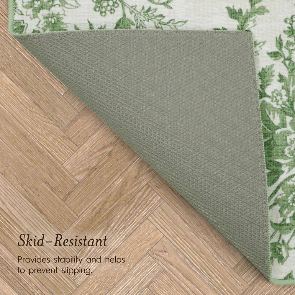 Sage Green and Ivory Floral Chenille Washable Runner Rug Set