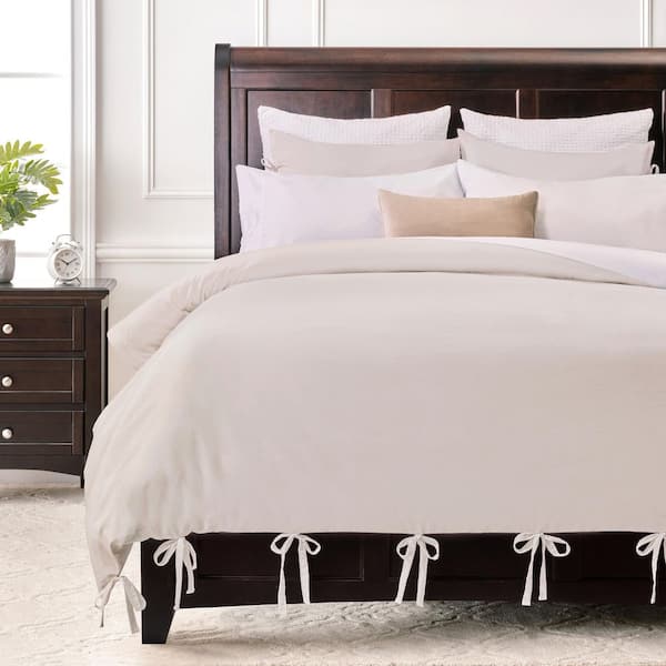 Chanasya Bowknot Bow Tie Beige Solid Color Washed Microfiber Duvet Cover Set, Queen
