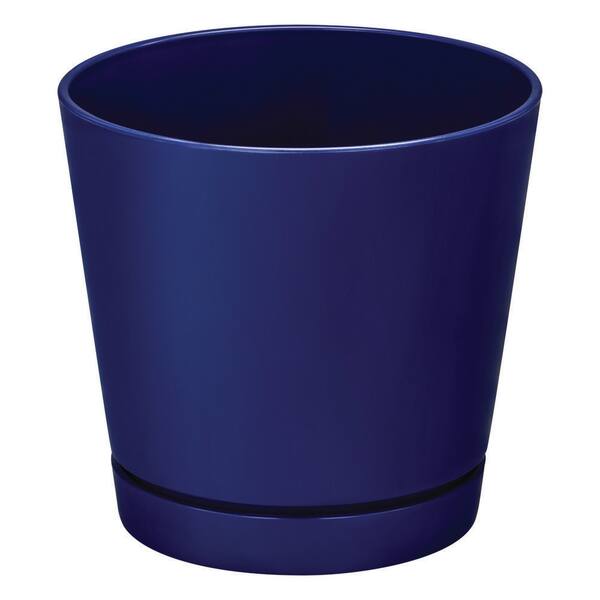 Vigoro 8 in. Piedmont Blue Plastic Planter (8 in. D x 7.5 in. H) with Drainage Hole and Attached Saucer