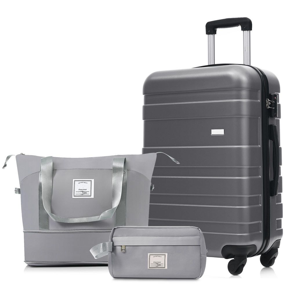 3-Piece Gray ABS Hardshell Spinner 24 in. Luggage Set with Travel Duffel Bag, Toiletry Bag, TSA Lock
