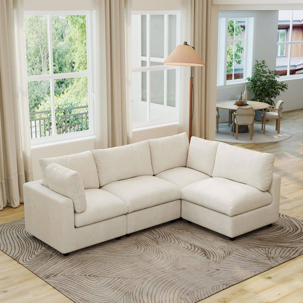 Magic Home Modular 134 in. Square Arm Chenille L-Shaped Sofa 4 Seater Cloud Couch with Detachable Covers for Office in. Beige MH-L4-142BE-S