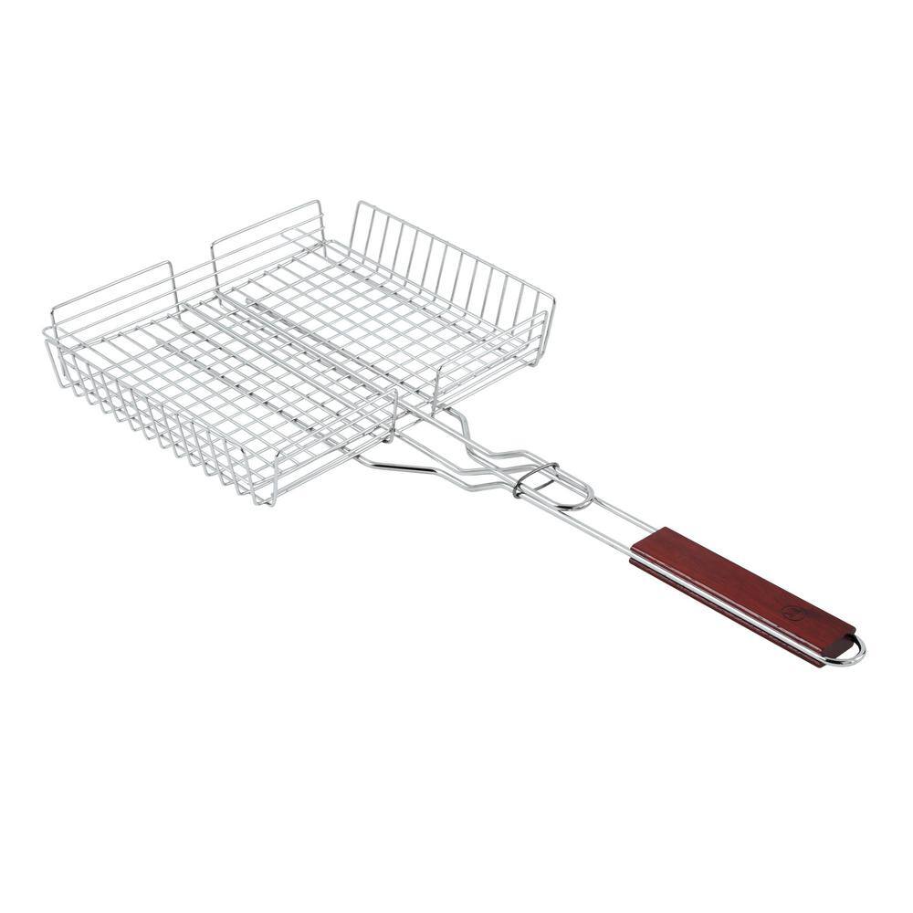 Rectangular Silver Chromed Steel Grill Basket with Rosewood Handle