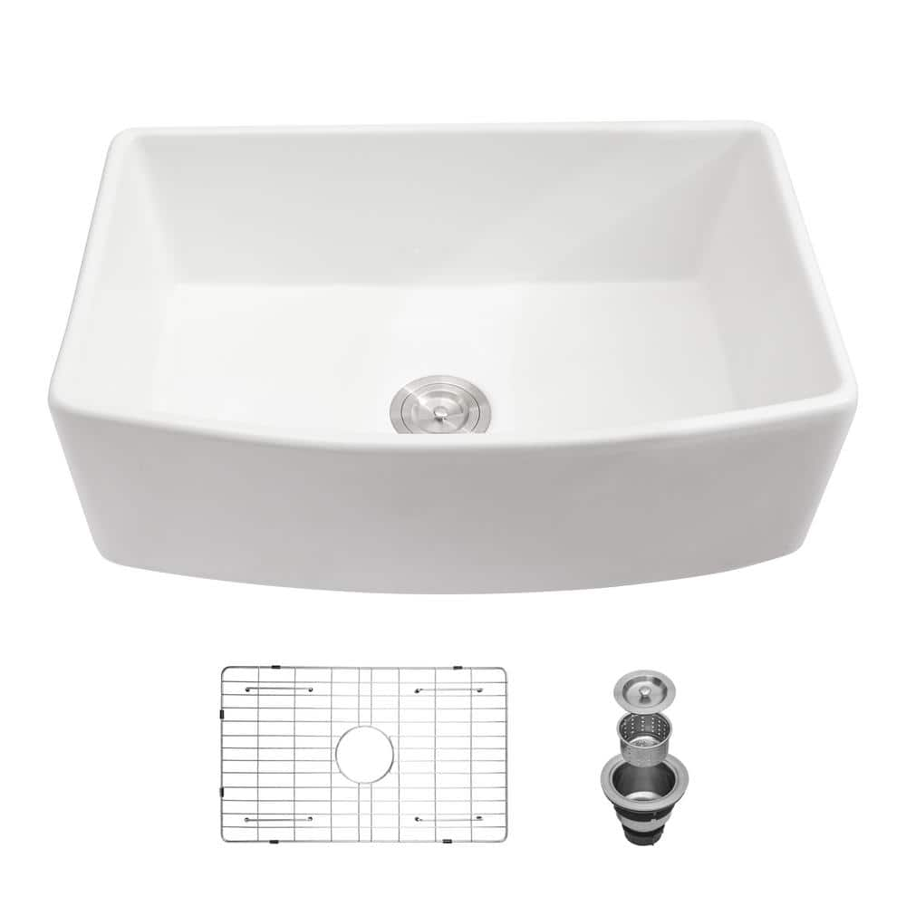 Boyel Living White Fireclay 30 in. Single Bowl Farmhouse Apron Kitchen Sink