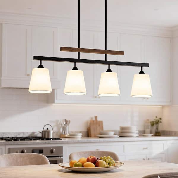 37 in. Matte Black 4-Light Farmhouse Linear Pendant Light, Rustic Wood Dining Table & Kitchen Island Hanging Chandelier