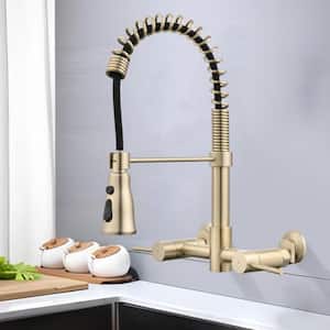 Double Handle Wall Mounted Pull Down Sprayer Kitchen Faucet with 3 Modes in Brushed Gold
