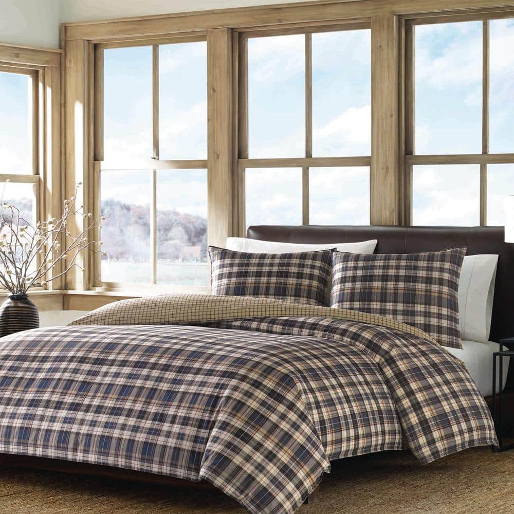 Twin Navy Plaid Cotton Flannel Duvet Cover Set