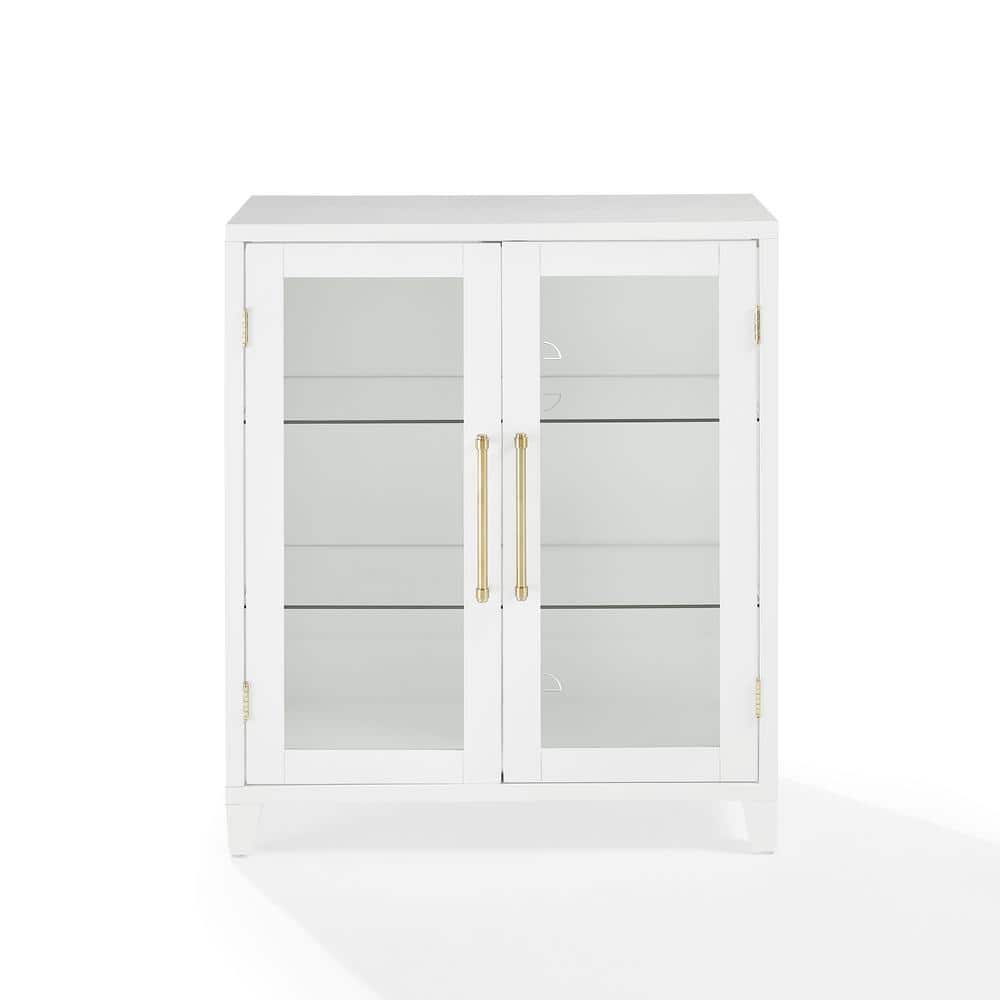 White Glass Door Kitchen Pantry Storage Cabinet with Gold Hardware