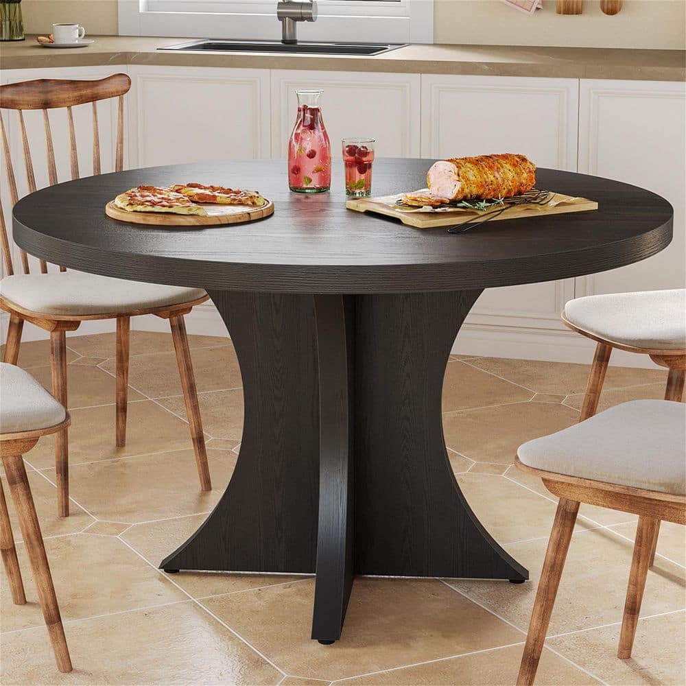 47 in. Modern Black Wood Pedestal Dining Table for 4, Round Dinner Table for Dining Room, Kitchen