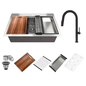 33 in. Drop-In/Undermount Single Bowl 18-Gauge Brushed Stainless Steel Kitchen Sink Faucet and Accessories