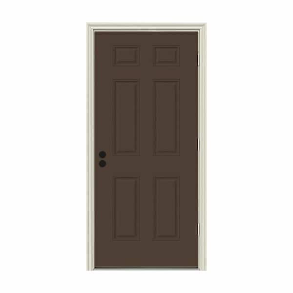 JELD-WEN 32 in. x 80 in. 6-Panel Dark Chocolate Painted Steel Prehung Left-Hand Outswing Front Door w/Brickmould