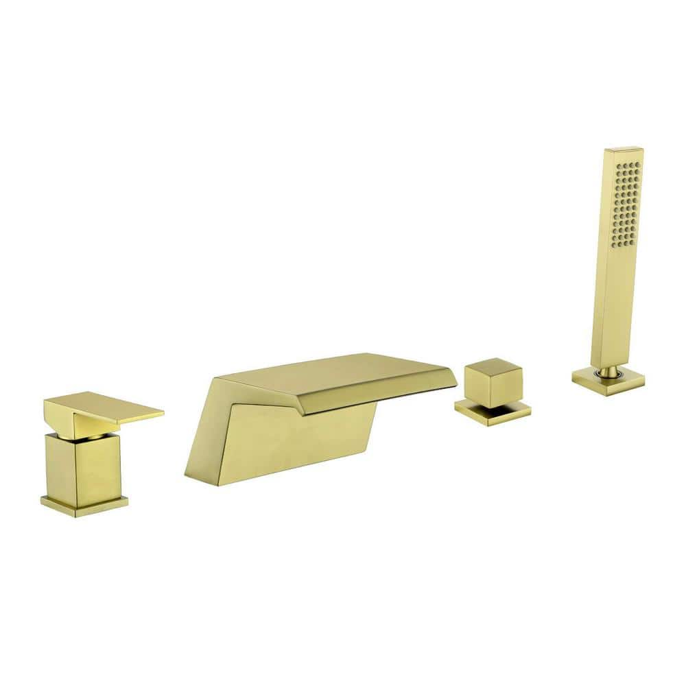 Ami Single Handle Tub Deck-Mount Roman Tub Faucet with Handshower and Waterfall Spout in Brushed Gold -  Miscool, TFSMDH101721BG