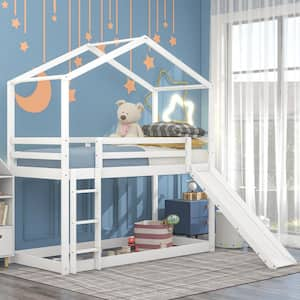 White Twin Over Twin Bunk Bed with Roof, Slide and Ladder