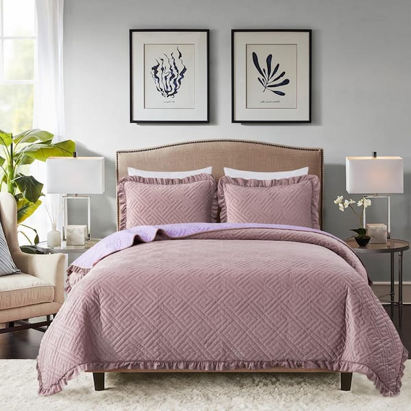 JML Woodrose/Violet Reversible Twin Velvet Quilt Set