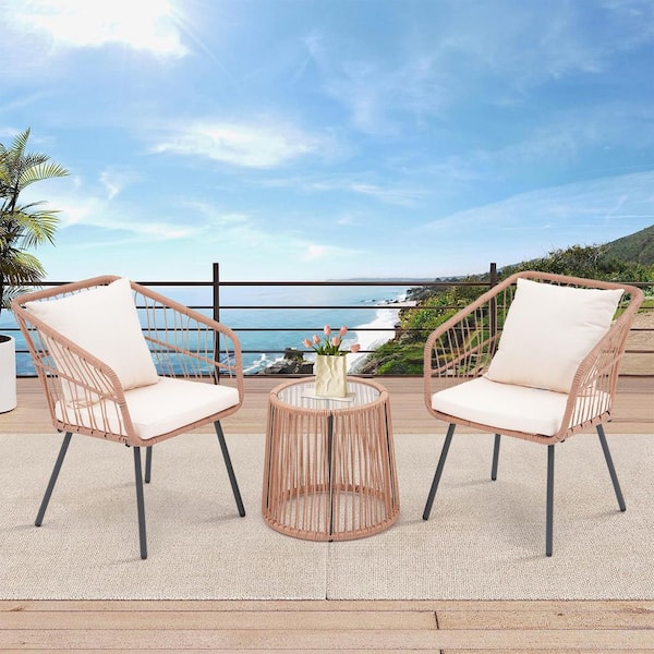3-Piece Wicker Outdoor Bistro Set Patio Conversation Set with Beige Cushions, Tempered Glass Side Table