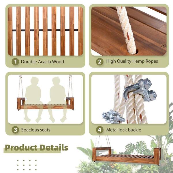 Natural 86 in. 2-Person Wood Porch Swing, Modern Twin Size Patio
