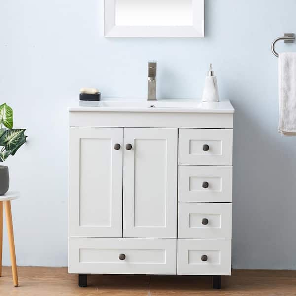 VAPSINT 30 in. W x 18 in. D x 37 in. H Freestanding Bath Vanity in White with White Ceramic Sink