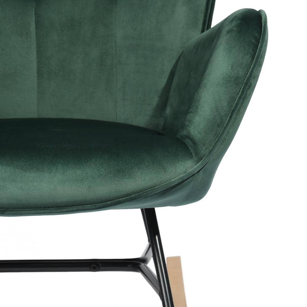 Green Velvet Tufted Rocking Chair with Wooden Base