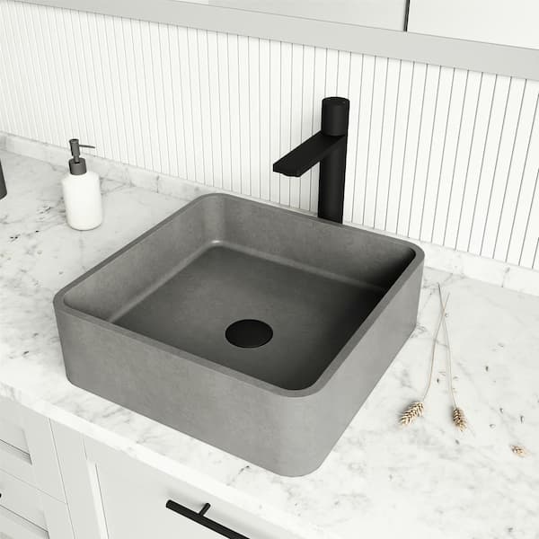 VIGO Concreto Stone Concrete Square Vessel Bathroom Sink in Gray with Gotham Faucet and Pop-Up Drain in Matte Black