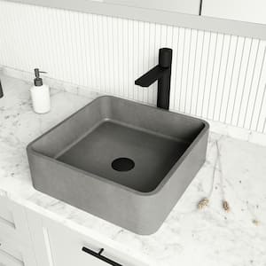 Concreto Stone Concrete Square Vessel Bathroom Sink in Gray with Gotham Faucet and Pop-Up Drain in Matte Black