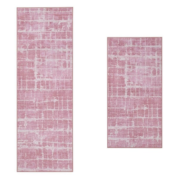 Theo Light Pink 2 ft. x 6 ft. Woven Abstract Polyester 2-Piece Set Area Rug
