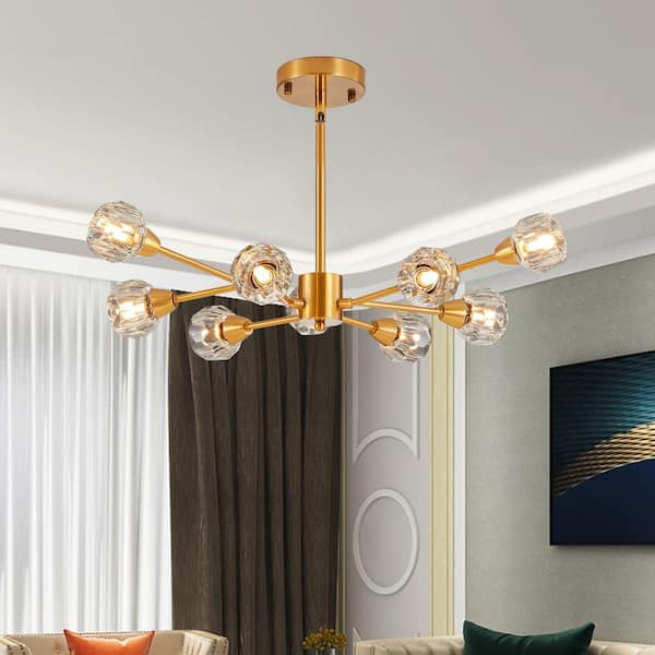9-Light Gold Rustic Industrial Sputnik Linear Chandelier for Living Room Bedroom Dining Room