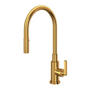 Lombardia Single Handle Pull Down Sprayer Kitchen Faucet with Secure Docking, Gooseneck in Italian Brass